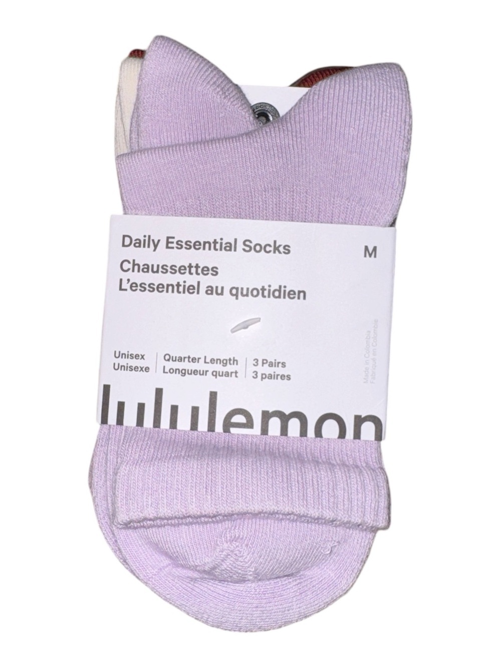 Lululemon Daily Essential Quarter Socks 3 Pack Lilac Ivory Cranberry M NWT
